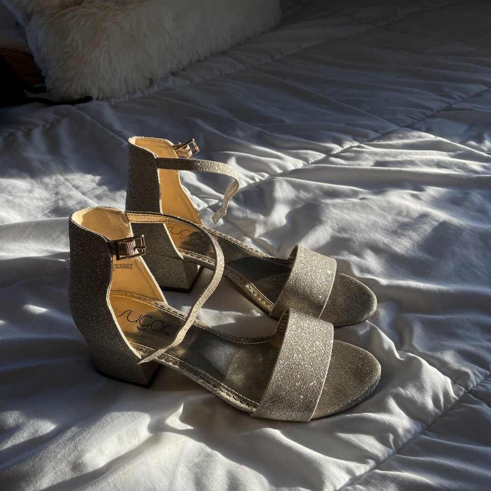 Sugar Women's Ankle Strap Two Inch Block Heel Champagne Glitter